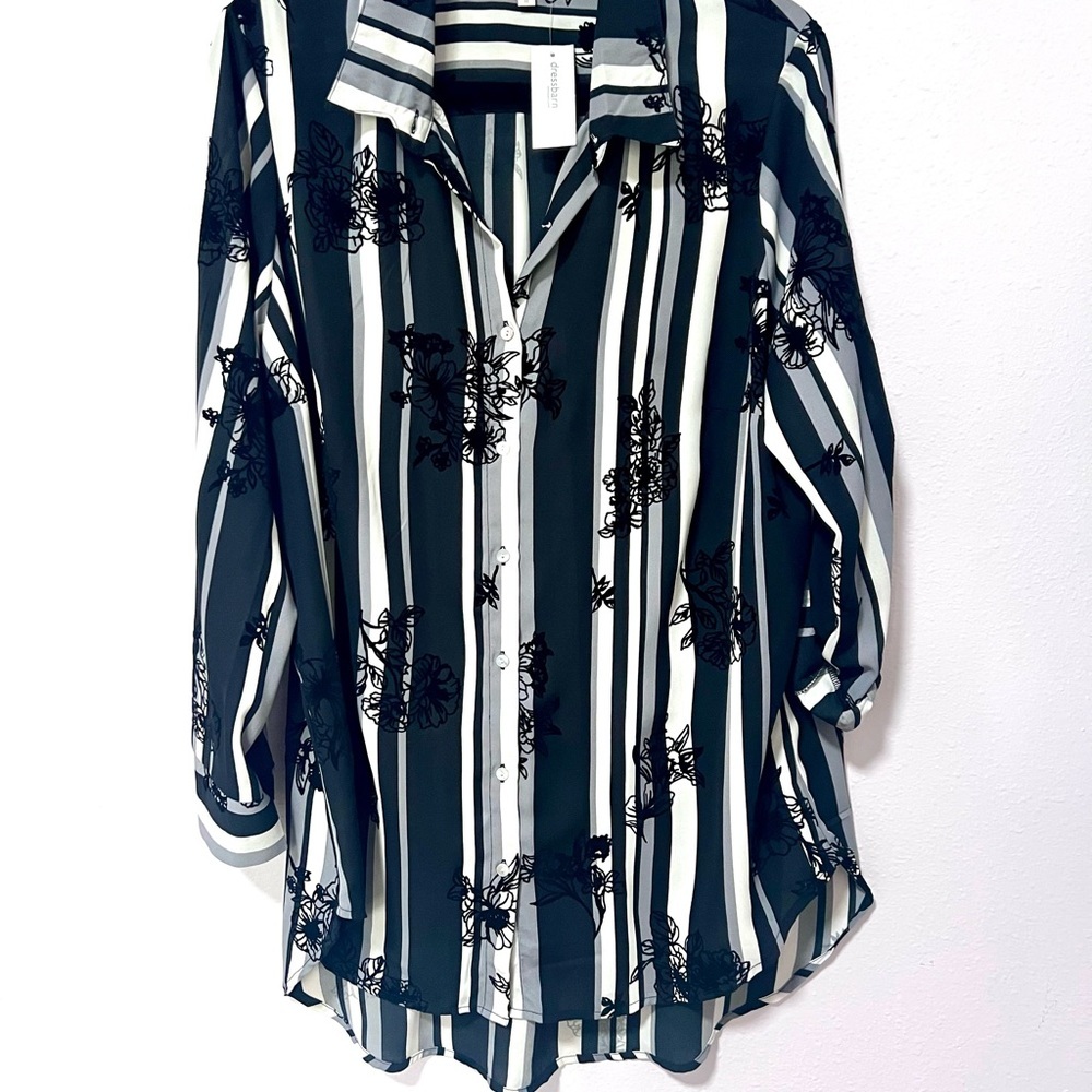Chenault‎ Black and White burn out velvet 3/4 Sleeve Button Down Shirt 1X